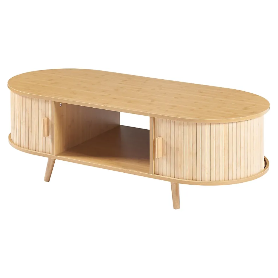 Table basse de salon Nordkapp avec portes coulissantes MDF bambou bois 120 x 55 x 40 cm naturel en.casa