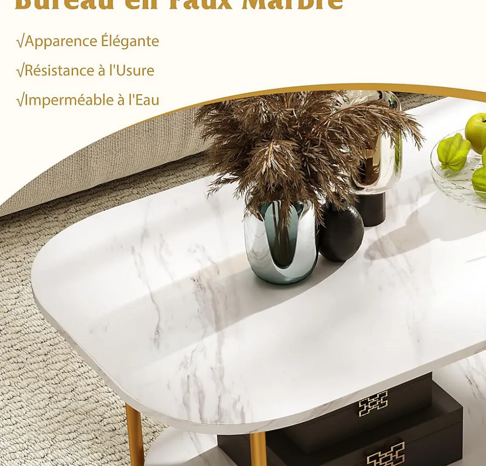 Table Basse Ovale à 2 Niveaux 100x50x45CM-Plateau en Faux Marbre et Etagère Ouverte-Charge 50+25KG-4 Patins de Protection