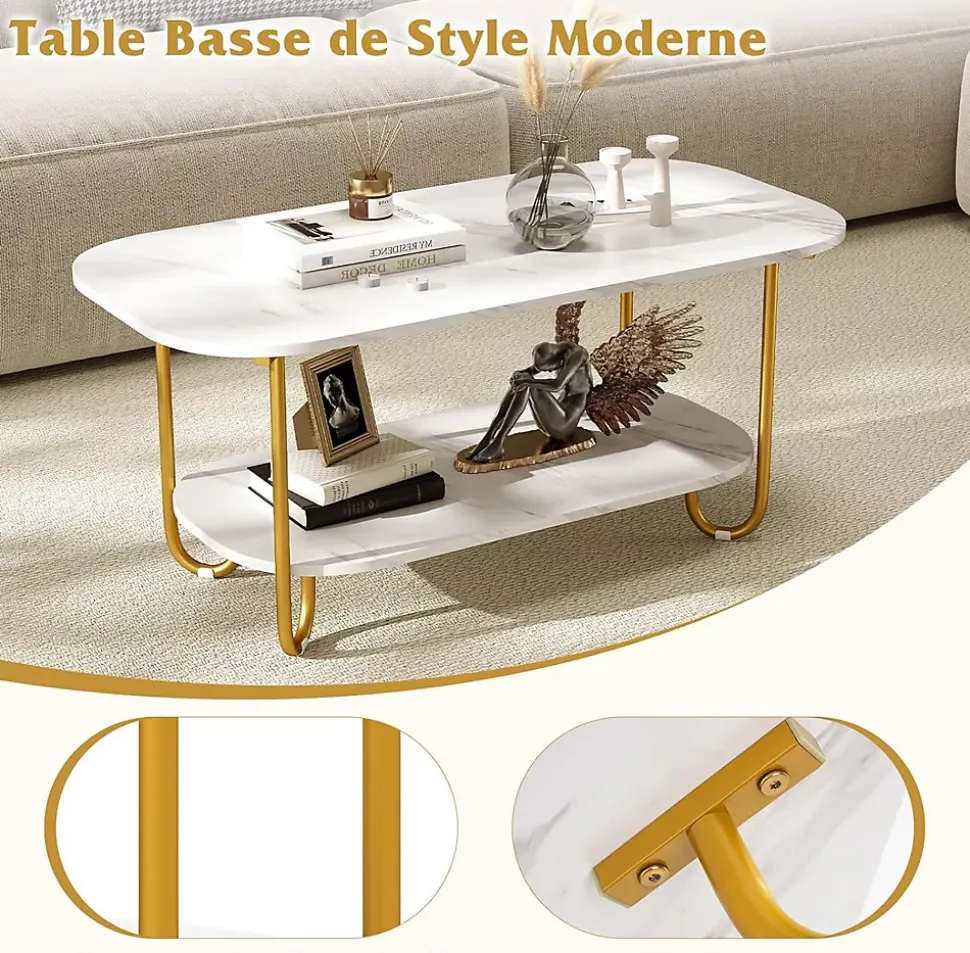 Table Basse Ovale à 2 Niveaux 100x50x45CM-Plateau en Faux Marbre et Etagère Ouverte-Charge 50+25KG-4 Patins de Protection