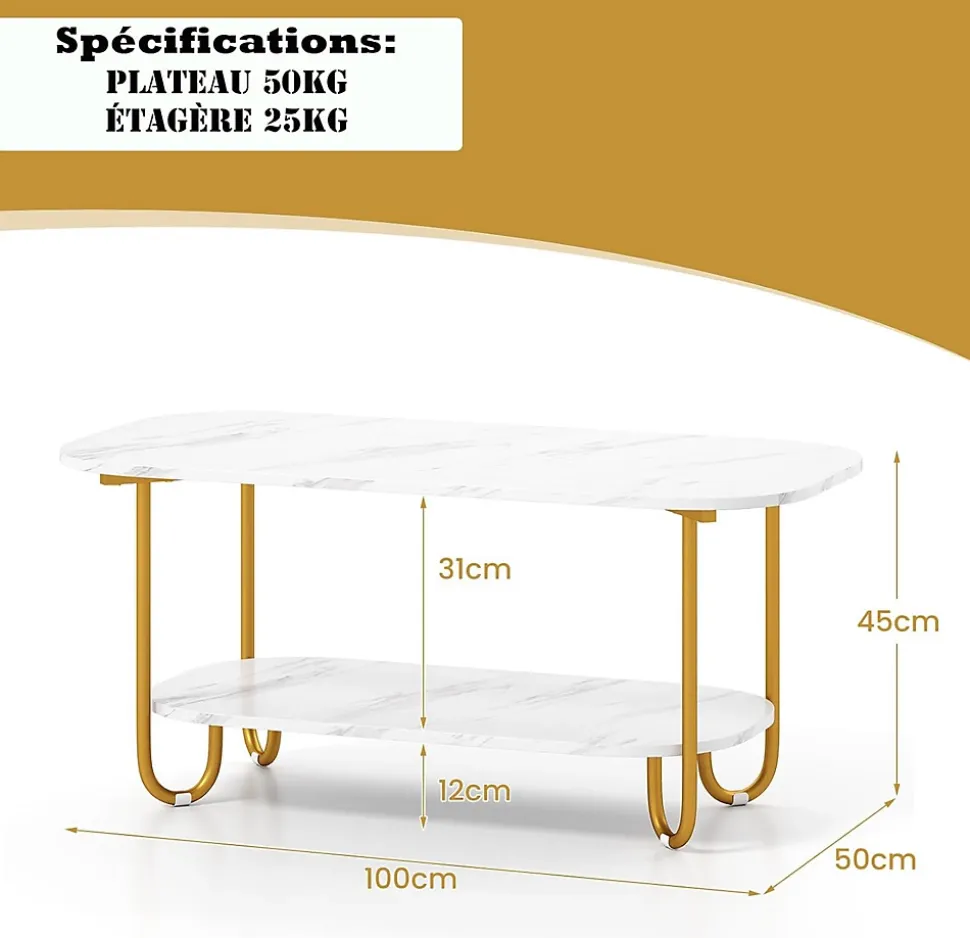 Table Basse Ovale à 2 Niveaux 100x50x45CM-Plateau en Faux Marbre et Etagère Ouverte-Charge 50+25KG-4 Patins de Protection