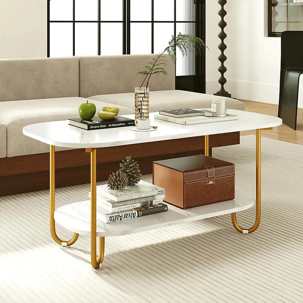 Table Basse Ovale à 2 Niveaux 100x50x45CM-Plateau en Faux Marbre et Etagère Ouverte-Charge 50+25KG-4 Patins de Protection