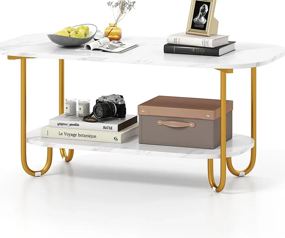 Table Basse Ovale à 2 Niveaux 100x50x45CM-Plateau en Faux Marbre et Etagère Ouverte-Charge 50+25KG-4 Patins de Protection