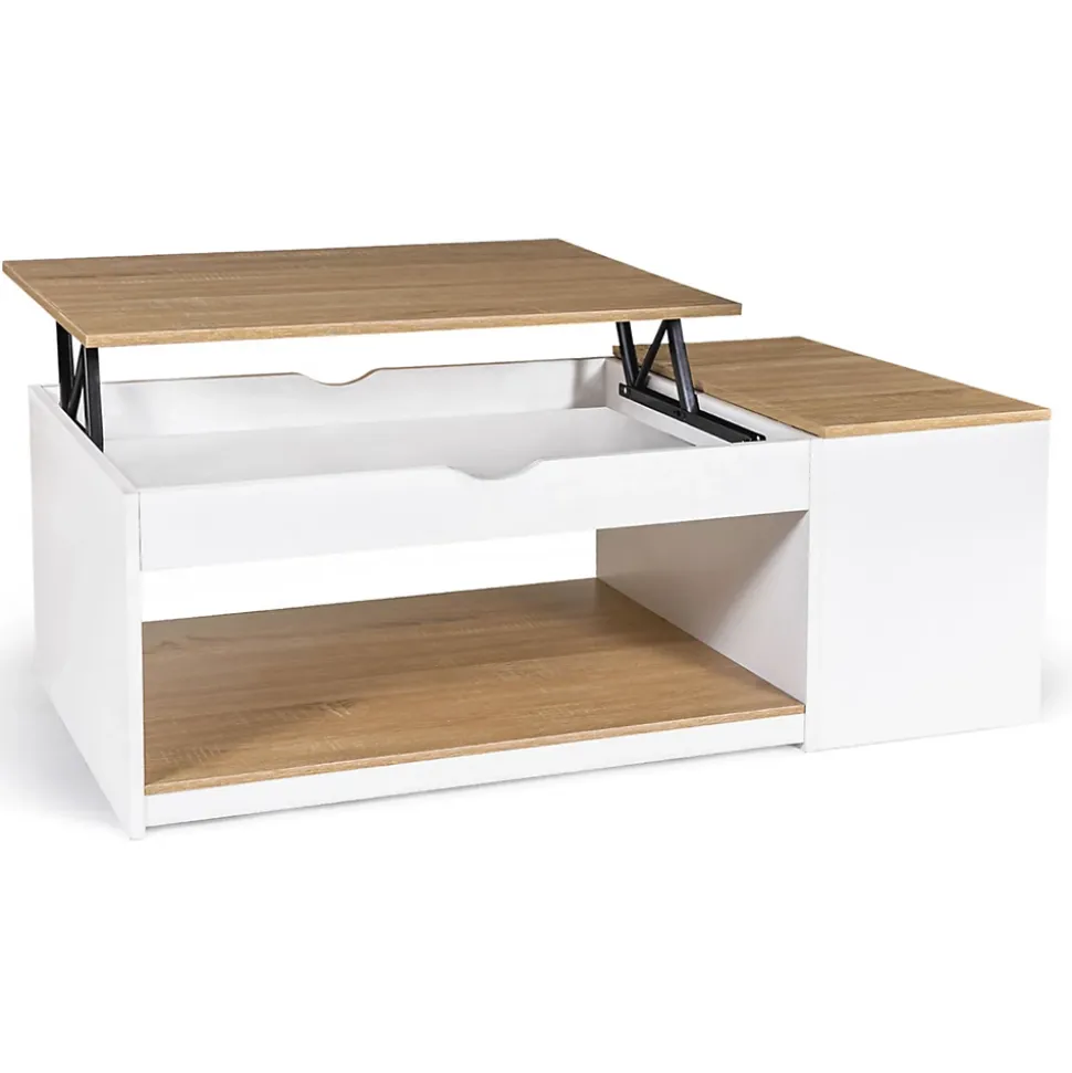 Table basse plateau relevable rectangulaire ELEA avec coffre bois blanc et façon hêtre
