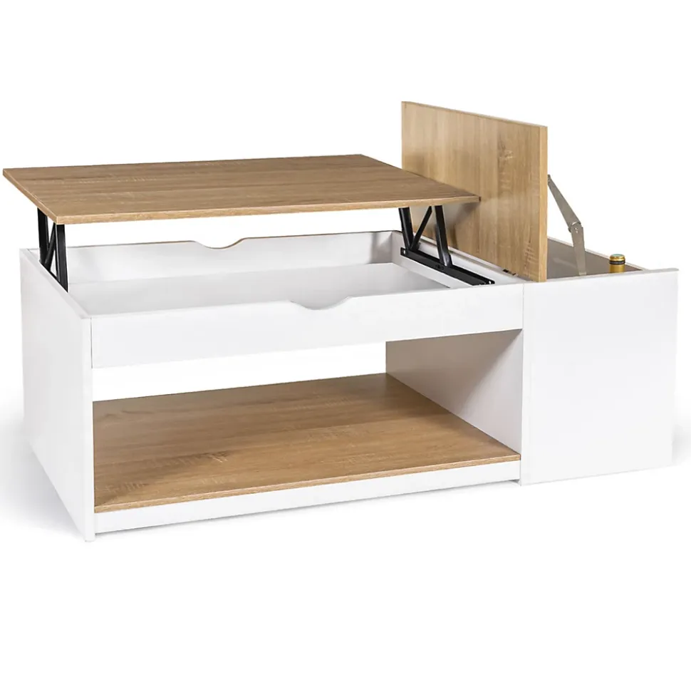 Table basse plateau relevable rectangulaire ELEA avec coffre bois blanc et façon hêtre