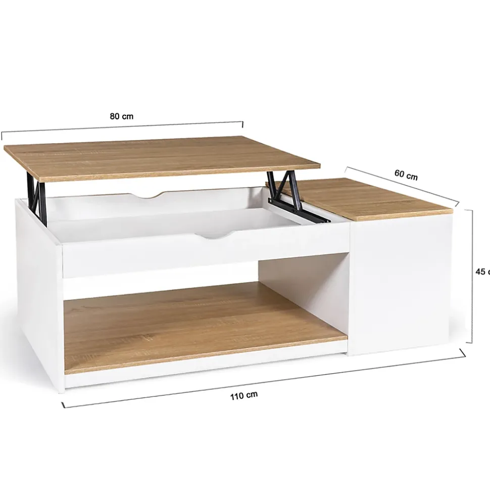 Table basse plateau relevable rectangulaire ELEA avec coffre bois blanc et façon hêtre