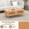 Table Basse Rectangulaire avec 2 Tiroirs avec Portes en Rotin et un Espace Supplémentaire Derrière Naturel