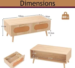 Table Basse Rectangulaire avec 2 Tiroirs avec Portes en Rotin et un Espace Supplémentaire Derrière Naturel