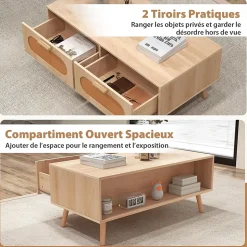 Table Basse Rectangulaire avec 2 Tiroirs avec Portes en Rotin et un Espace Supplémentaire Derrière Naturel