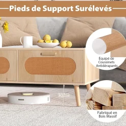Table Basse Rectangulaire avec 2 Tiroirs avec Portes en Rotin et un Espace Supplémentaire Derrière Naturel