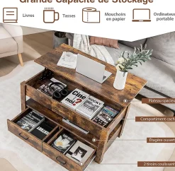 Table Basse Relevable avec 2 Tiroirs Charge 50KG avec Compartiment Caché 1 Etagere Ouverte