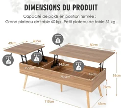 Table Basse Relevable,145x74,5x57cm,2 Plateaux Relevables,2 Compartiments Cachés,5 Pieds en Bois Solide-,Style Moderne,Noyer