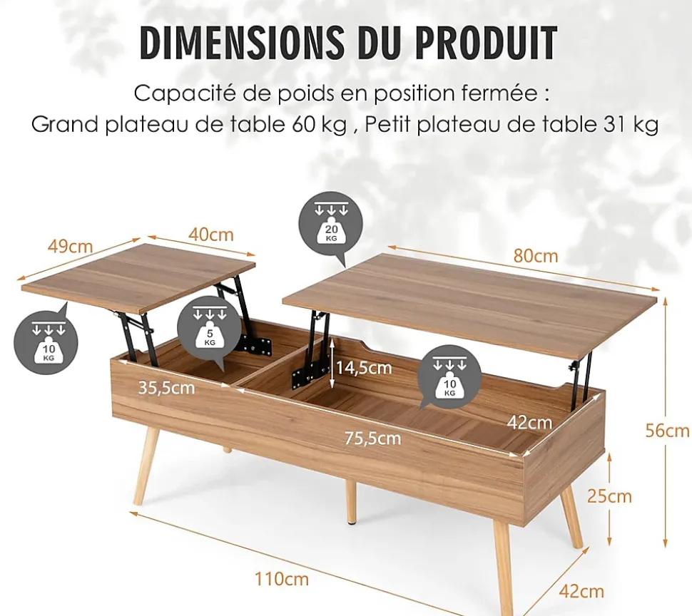 Table Basse Relevable,145x74,5x57cm,2 Plateaux Relevables,2 Compartiments Cachés,5 Pieds en Bois Solide-,Style Moderne,Noyer