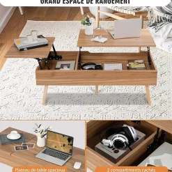 Table Basse Relevable,145x74,5x57cm,2 Plateaux Relevables,2 Compartiments Cachés,5 Pieds en Bois Solide-,Style Moderne,Noyer
