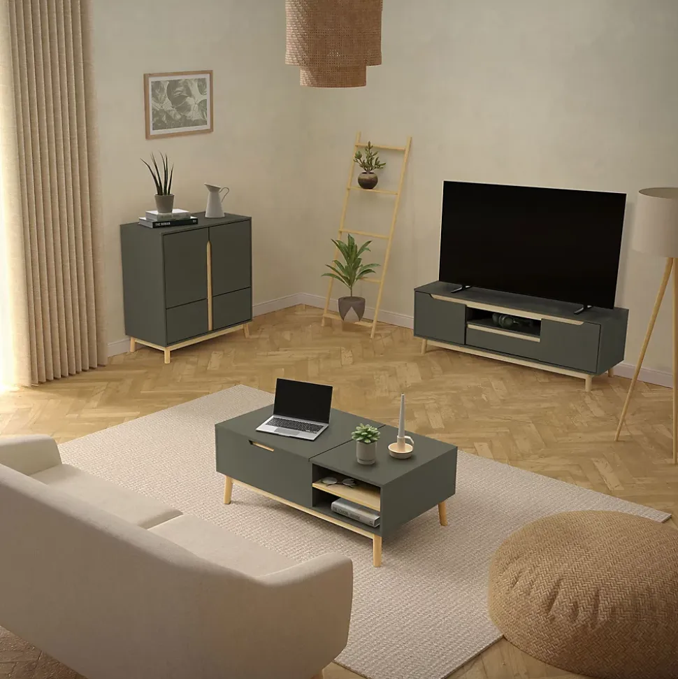Table basse TV armoire vert-naturel 2 portes tiroir étagère commode 120x40x46cm