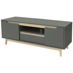 Table basse TV armoire vert-naturel 2 portes tiroir étagère commode 120x40x46cm