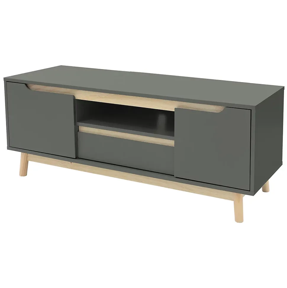 Table basse TV armoire vert-naturel 2 portes tiroir étagère commode 120x40x46cm