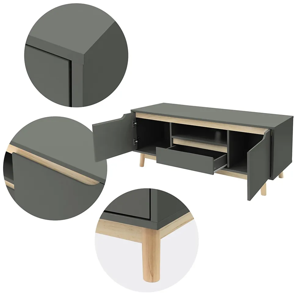 Table basse TV armoire vert-naturel 2 portes tiroir étagère commode 120x40x46cm