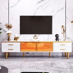 Table basse/meuble TV modulable, verre trempé, cadre aluminium, tiroirs ondulés, pieds et poignées dorés, plateau marbre