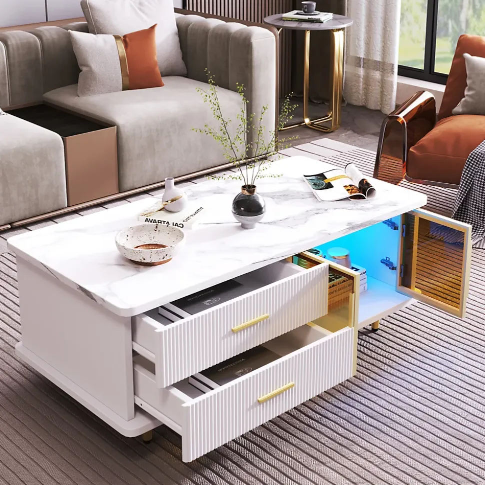 Table basse/meuble TV modulable, verre trempé, cadre aluminium, tiroirs ondulés, pieds et poignées dorés, plateau marbre