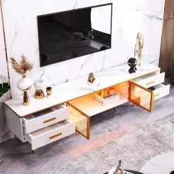 Table basse/meuble TV modulable, verre trempé, cadre aluminium, tiroirs ondulés, pieds et poignées dorés, plateau marbre