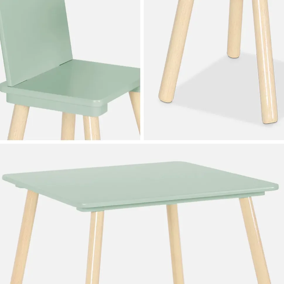 Table carrée enfant avec 2 chaises. pieds en pin. vert