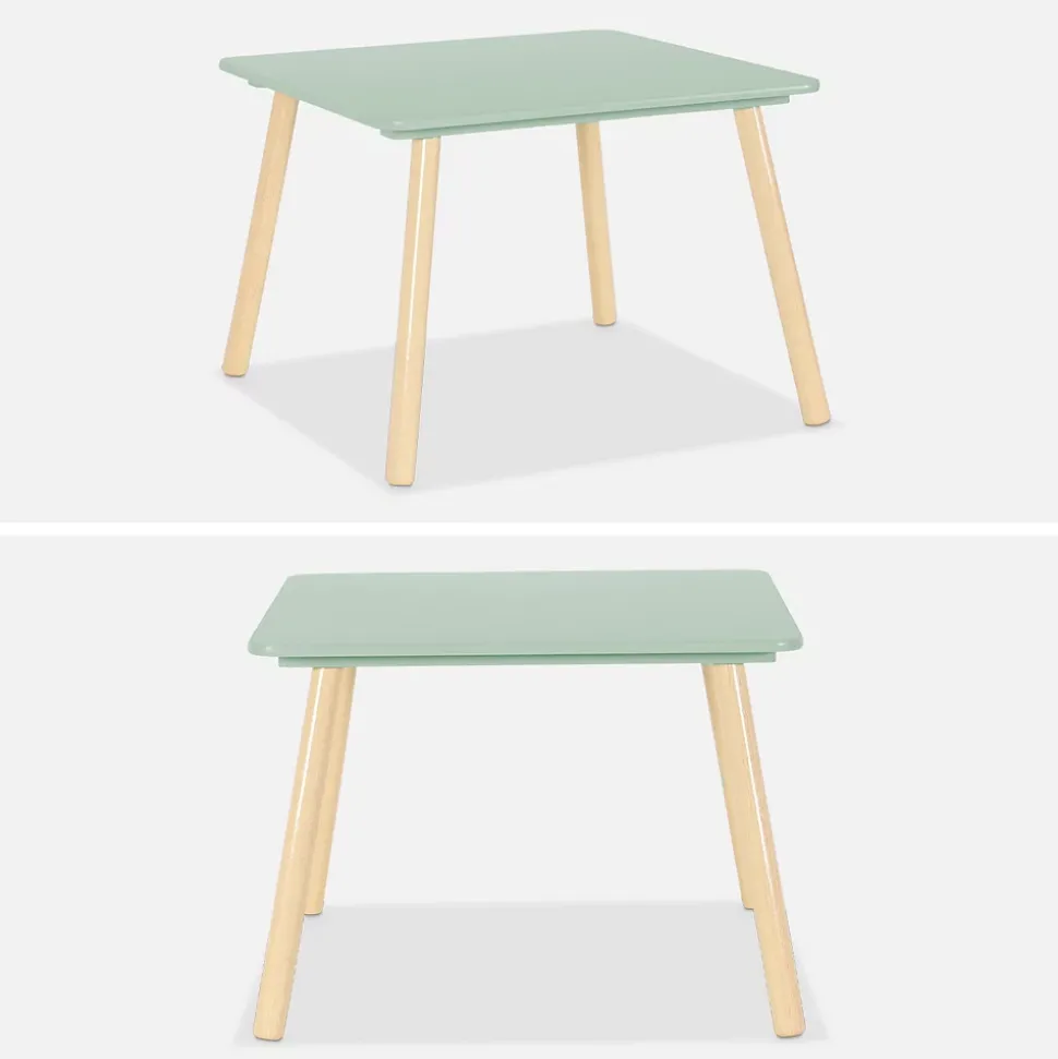 Table carrée enfant avec 2 chaises. pieds en pin. vert