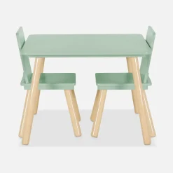 Table carrée enfant avec 2 chaises. pieds en pin. vert