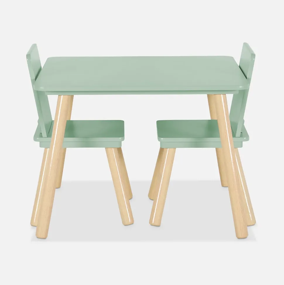 Table carrée enfant avec 2 chaises. pieds en pin. vert