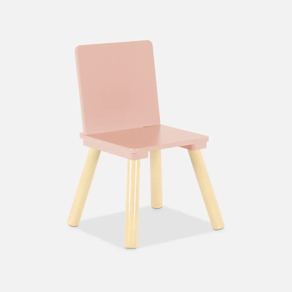 Table carrée enfant avec 2 chaises. pieds en pin. rose