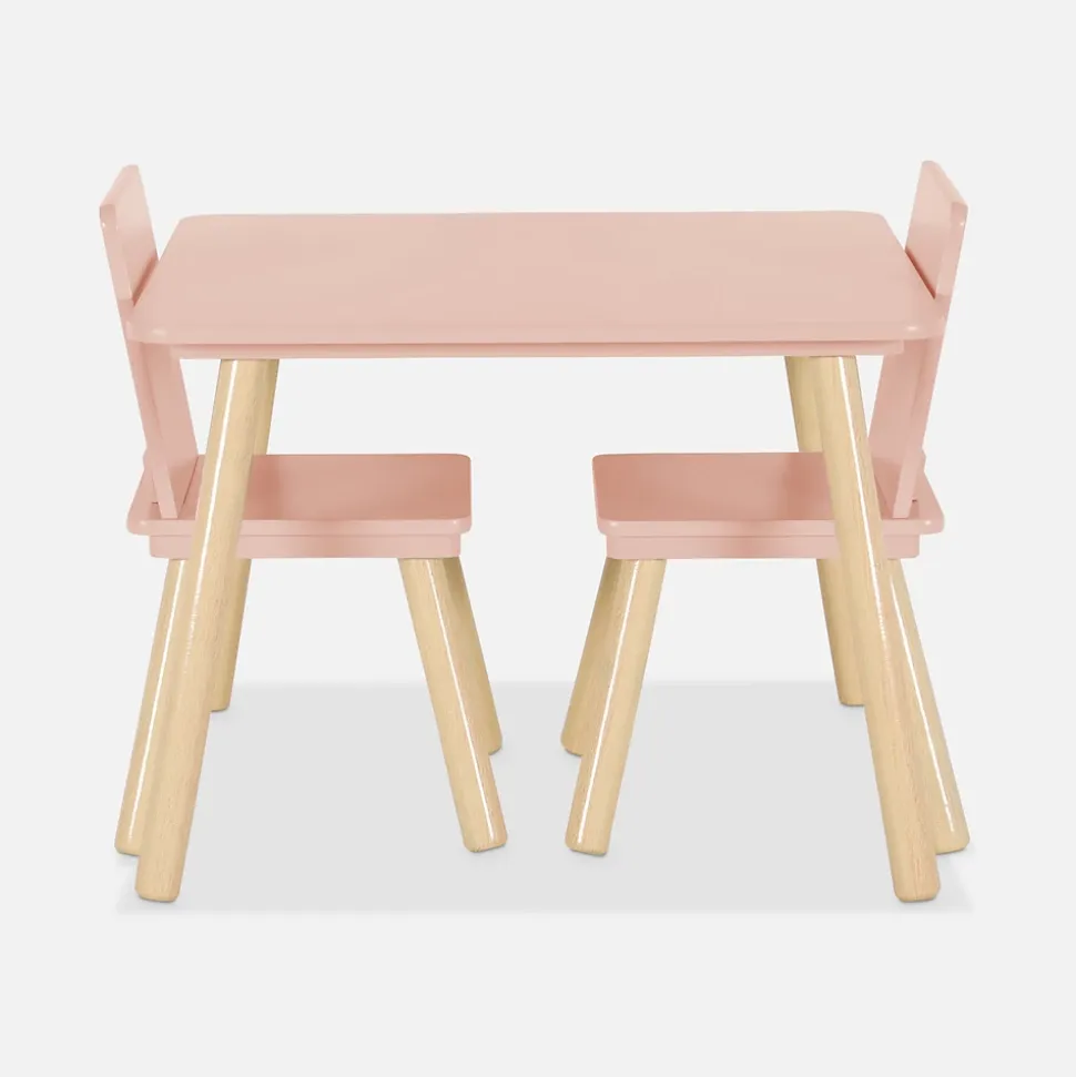 Table carrée enfant avec 2 chaises. pieds en pin. rose