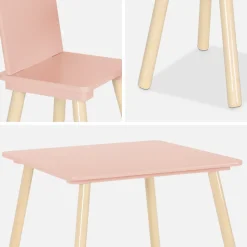 Table carrée enfant avec 2 chaises. pieds en pin. rose