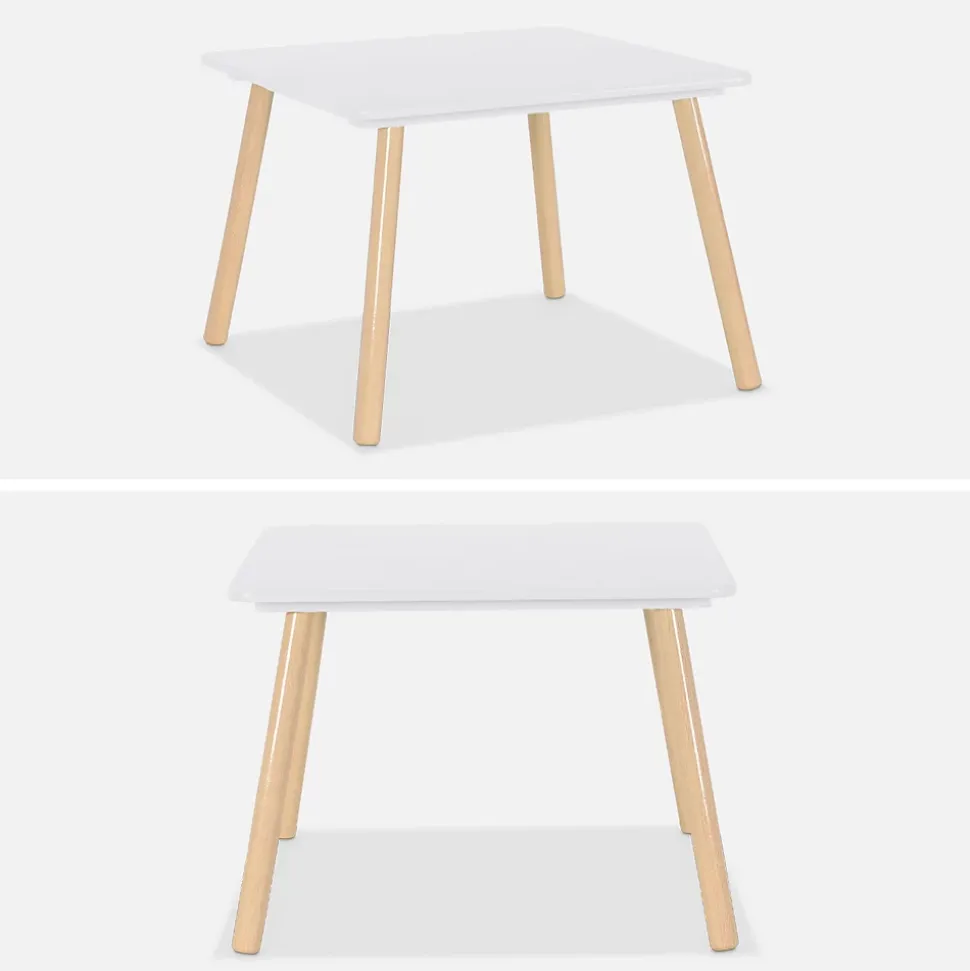 Table carrée enfant avec 2 chaises. pieds en pin. blanc