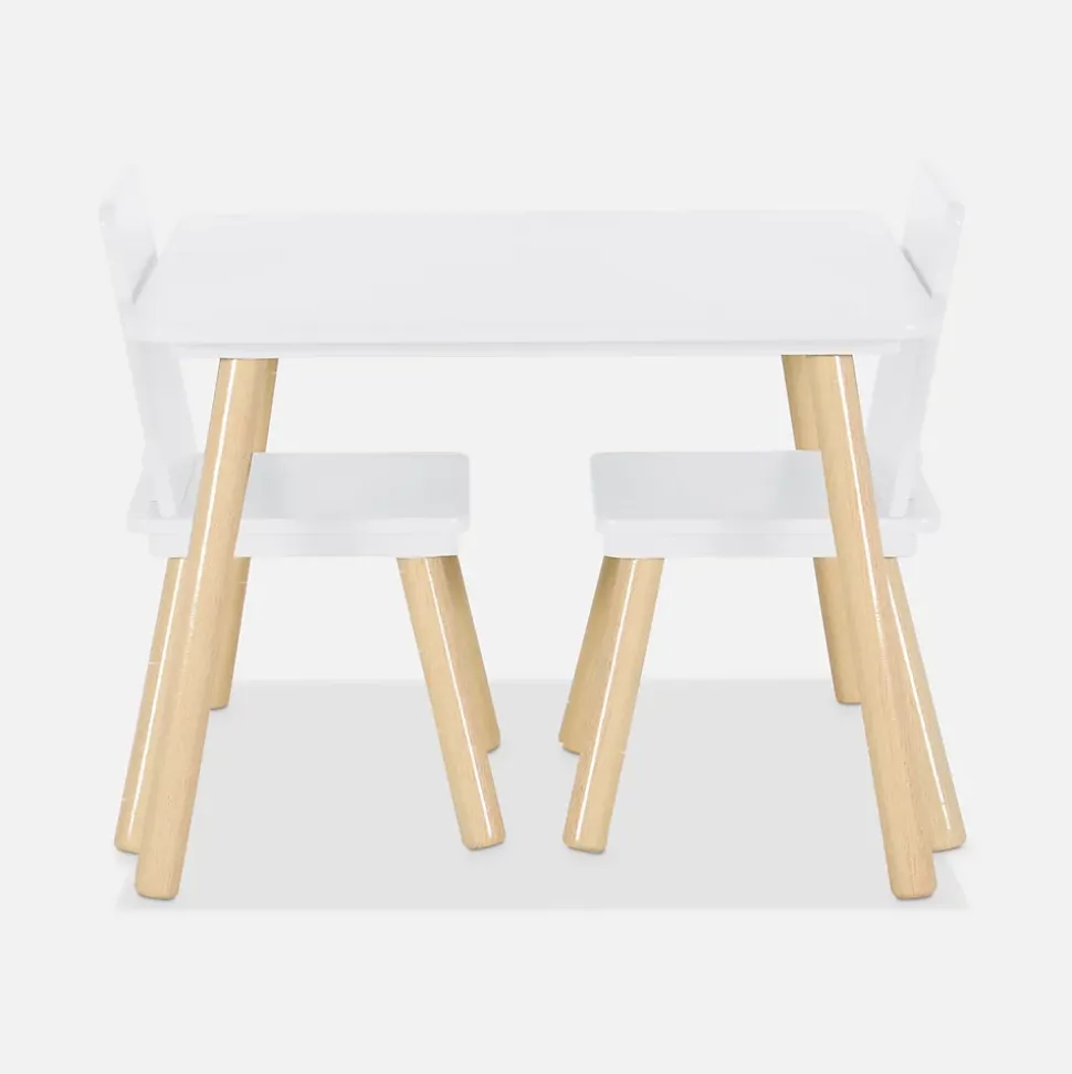 Table carrée enfant avec 2 chaises. pieds en pin. blanc