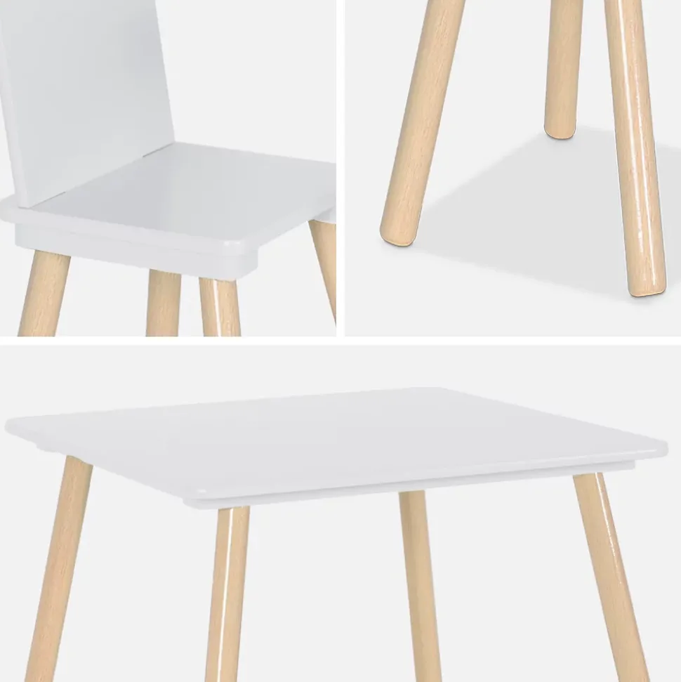 Table carrée enfant avec 2 chaises. pieds en pin. blanc