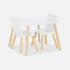 Table carrée enfant avec 2 chaises. pieds en pin. blanc