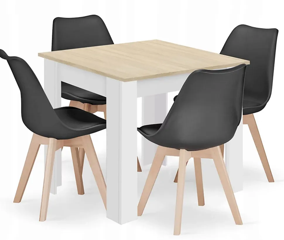 Table carrée VALORA avec 4 chaises RIXK noires - Chêne Sonoma 80x80