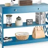Table Console 3 Niveaux Design et Moderne, Table d'appoint avec 2 étagère et Tiroirs 2 Croix (Tiroir, Bleu)