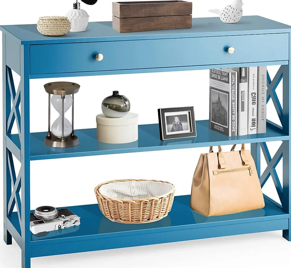 Table Console 3 Niveaux Design et Moderne, Table d'appoint avec 2 étagère et Tiroirs 2 Croix (Tiroir, Bleu)