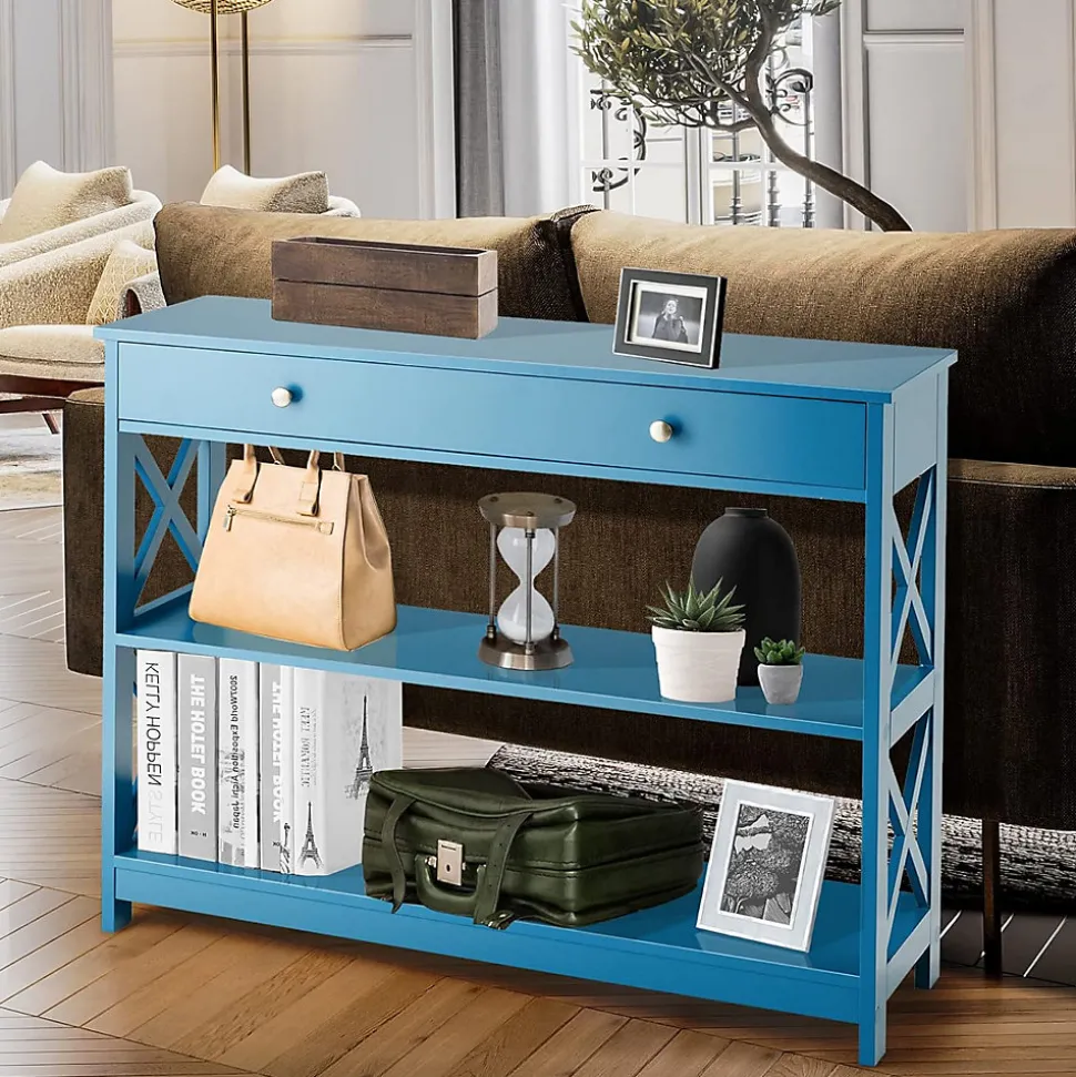 Table Console 3 Niveaux Design et Moderne, Table d'appoint avec 2 étagère et Tiroirs 2 Croix (Tiroir, Bleu)