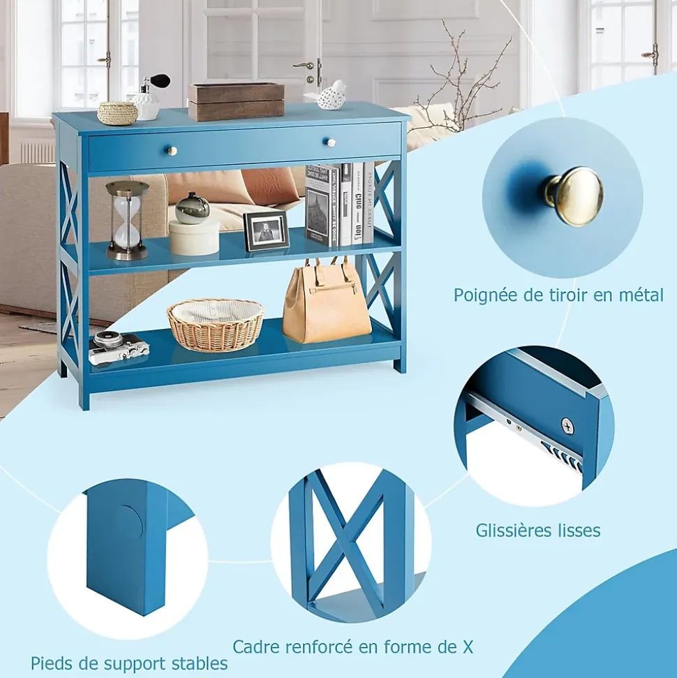 Table Console 3 Niveaux Design et Moderne, Table d'appoint avec 2 étagère et Tiroirs 2 Croix (Tiroir, Bleu)