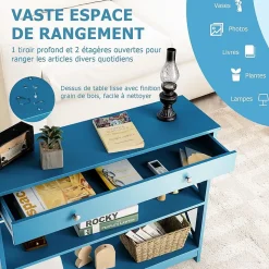 Table Console 3 Niveaux Design et Moderne, Table d'appoint avec 2 étagère et Tiroirs 2 Croix (Tiroir, Bleu)