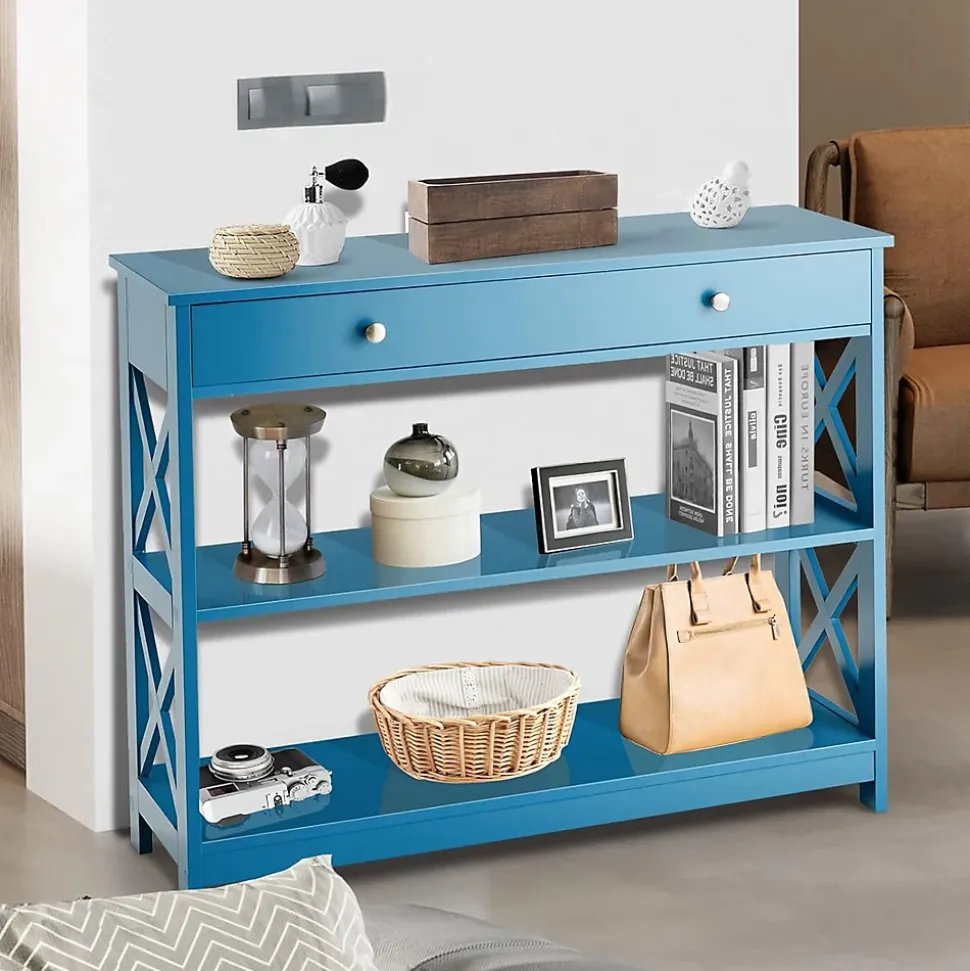 Table Console 3 Niveaux Design et Moderne, Table d'appoint avec 2 étagère et Tiroirs 2 Croix (Tiroir, Bleu)