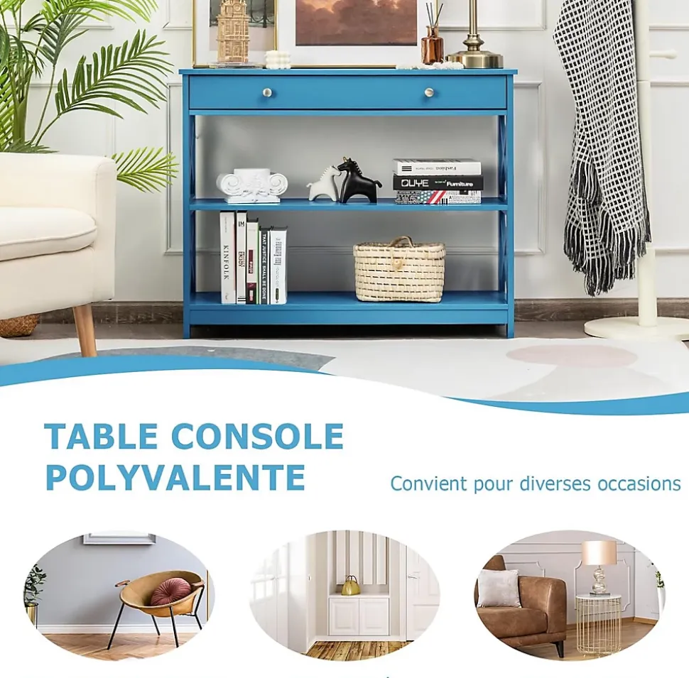Table Console 3 Niveaux Design et Moderne, Table d'appoint avec 2 étagère et Tiroirs 2 Croix (Tiroir, Bleu)