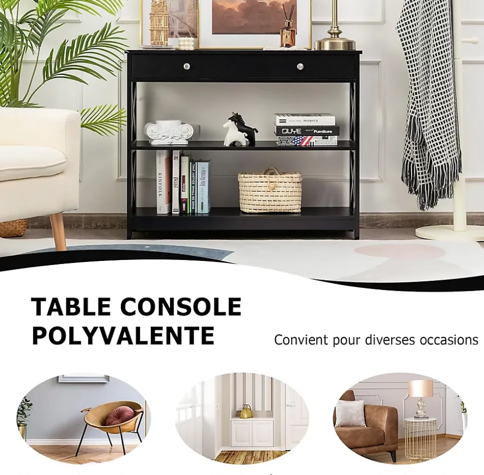 Table Console 3 Niveaux Design et Moderne Table appoint avec 2 étagère et Tiroirs 2 Croix Noir