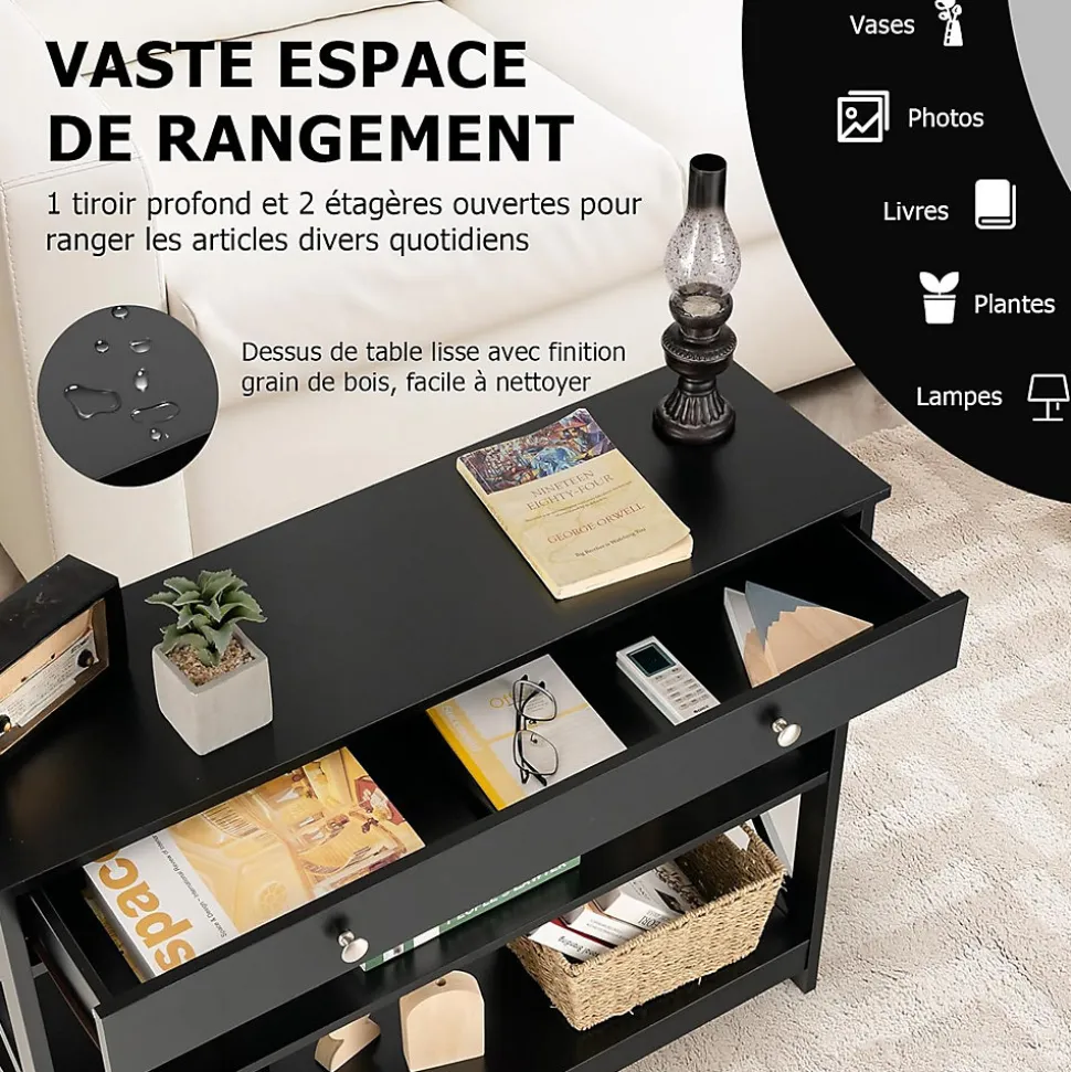Table Console 3 Niveaux Design et Moderne Table appoint avec 2 étagère et Tiroirs 2 Croix Noir