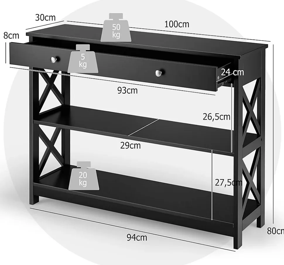 Table Console 3 Niveaux Design et Moderne Table appoint avec 2 étagère et Tiroirs 2 Croix Noir