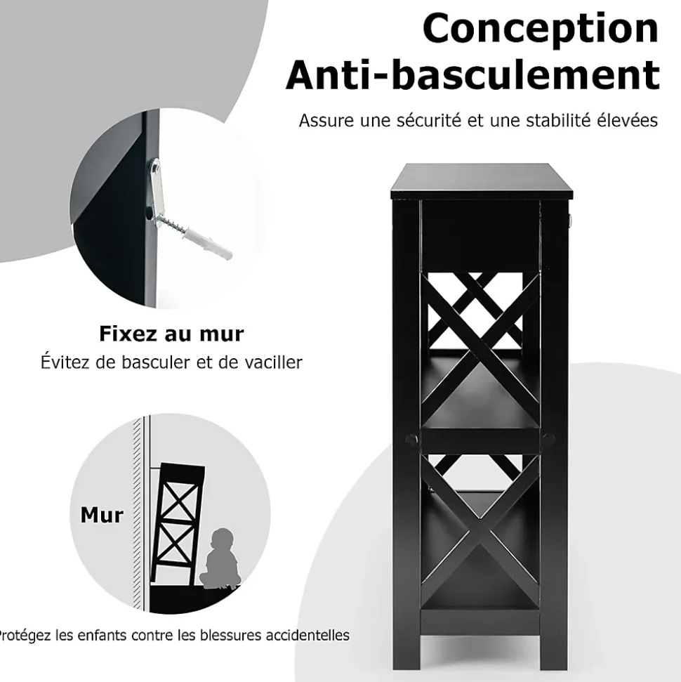Table Console 3 Niveaux Design et Moderne Table appoint avec 2 étagère et Tiroirs 2 Croix Noir