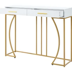 Table console blanche et structure couleur dorée avec 2 tiroirs