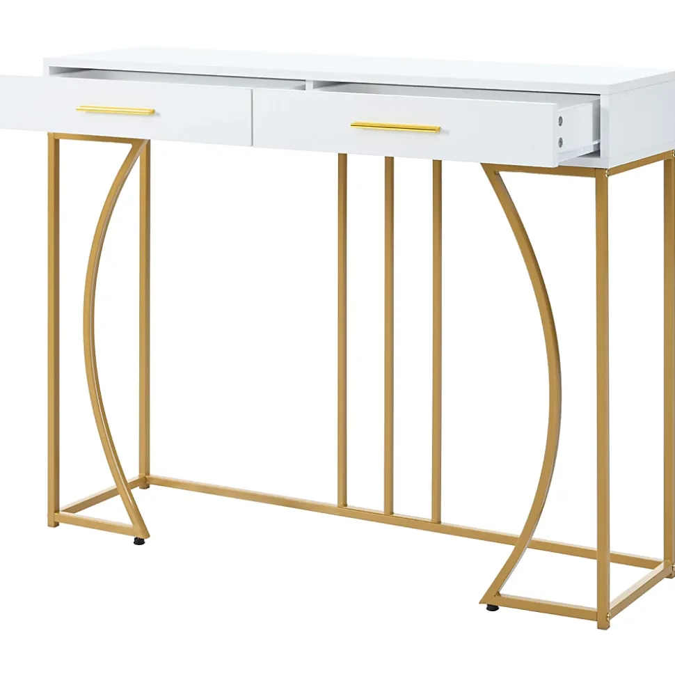Table console blanche et structure couleur dorée avec 2 tiroirs