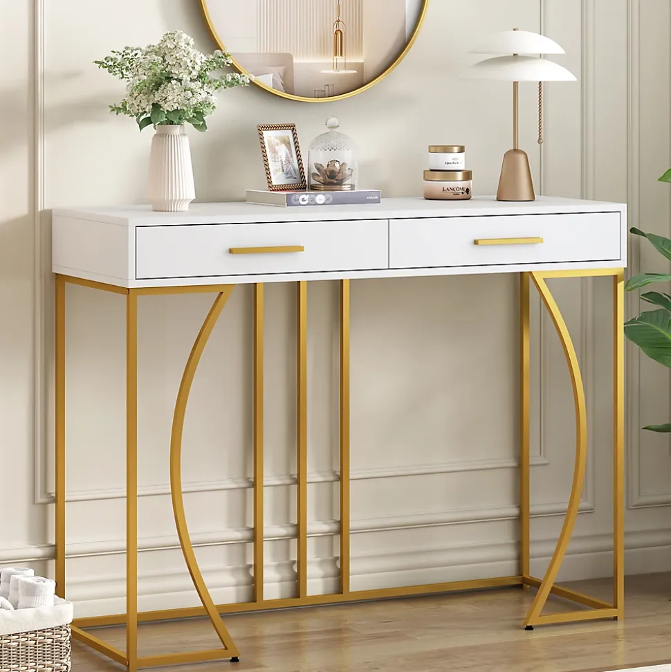 Table console blanche et structure couleur dorée avec 2 tiroirs